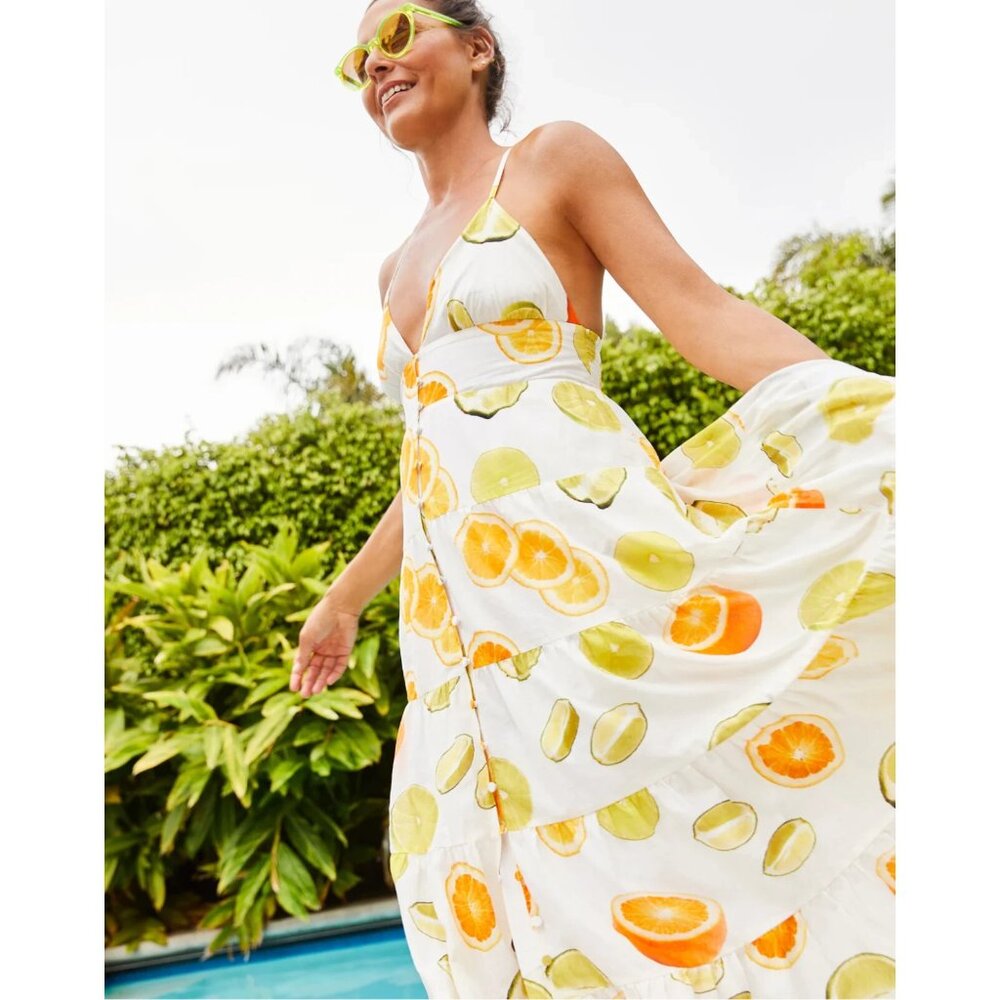 NWT J.Crew Edie Parker Button-front Tiered Maxi in Limes Oranges Citrus Dress M